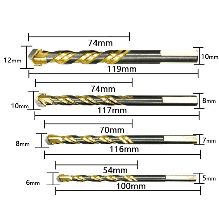 6mm+6mm+8mm+10mm+12mm Titanium-Plated King Drill Porcelain Brick Glass Brick Drill Punched Twist Triangle Drill - Drill & Drill Bits by buy2fix | Online Shopping UK | buy2fix