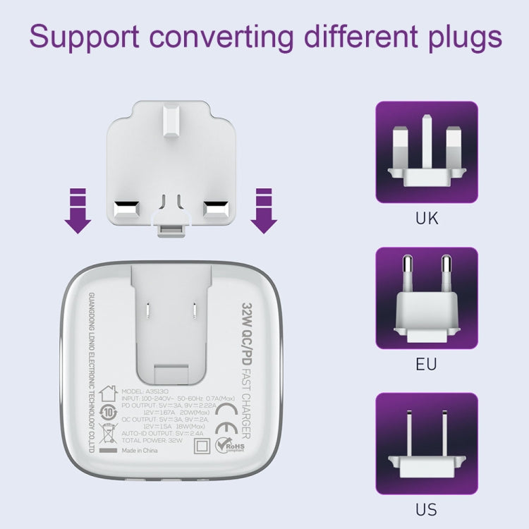 LDNIO A3513Q 32W QC3.0 3 USB Ports Phone Adapter EU Plug with 8 Pin Cable - Mobile Accessories by LDNIO | Online Shopping UK | buy2fix