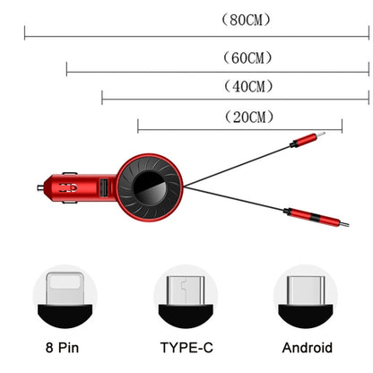 3 In 1 USB Dual Cable Single Pull Retractable Car Charger(Red) - In Car by buy2fix | Online Shopping UK | buy2fix