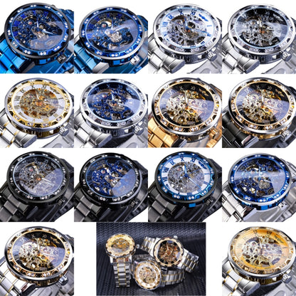 Winner Leisure Skeleton Diamond Luminous Pointer Watch Men Manual Mechanical Watch(Blue Belt Silver Shell Blue Face) - Metal Strap Watches by Winner | Online Shopping UK | buy2fix