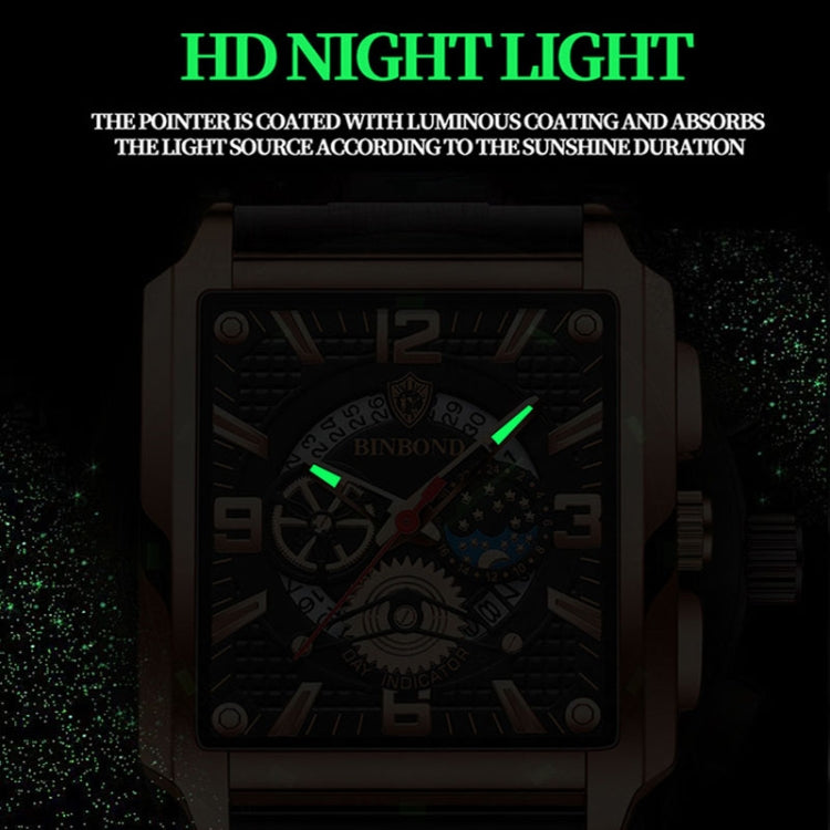 BINBOND B6575 Men Vintage Square Multifunctional Luminous Quartz Watch, Color: Brown Leather-Rose Gold-Black - Metal Strap Watches by BINBOND | Online Shopping UK | buy2fix