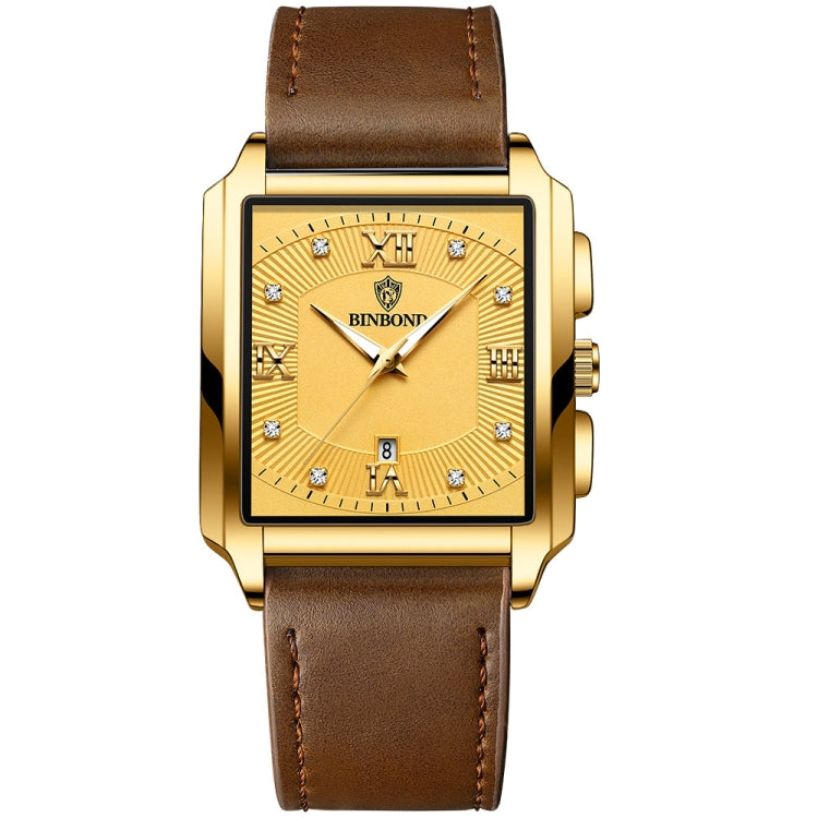 BINBOND B4143 Rectangular Outdoor Men Waterproof Quartz Watches(Brown Leather-Full Gold) - Metal Strap Watches by BINBOND | Online Shopping UK | buy2fix