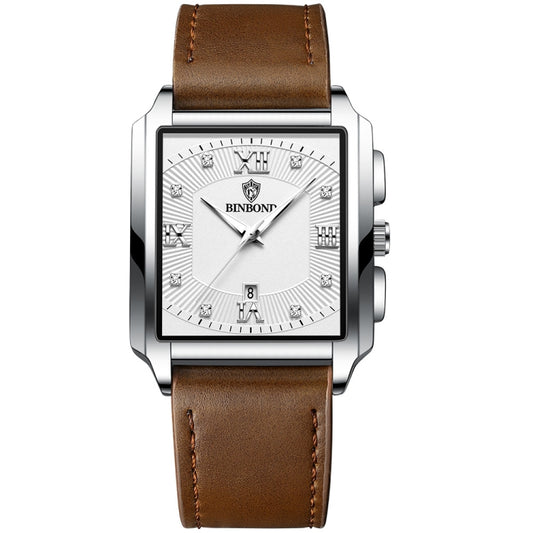 BINBOND B4143 Rectangular Outdoor Men Waterproof Quartz Watches(Brown Leather-White Steel) - Metal Strap Watches by BINBOND | Online Shopping UK | buy2fix