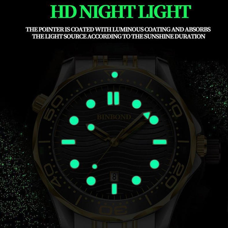 Inter-gold Black Surface BINBOND B2820 Luminous 30m Waterproof Men Sports Quartz Watch - Metal Strap Watches by BINBOND | Online Shopping UK | buy2fix