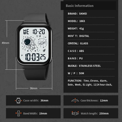 SKMEI 1863 Multifunctional Astronaut Student Digital Sports Square Watch(Black Black Machine) - LED Digital Watches by SKMEI | Online Shopping UK | buy2fix