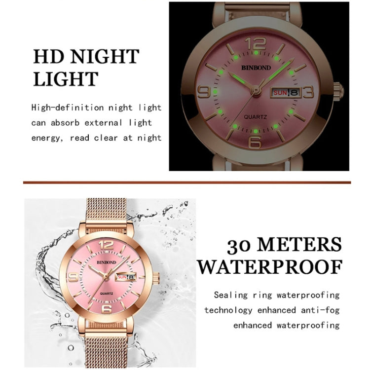 BINBOND B5907 Luminous Quartz Ladies Watch 30M Waterproof Calendar Steel Belt Watch(Pink) - Metal Strap Watches by BINBOND | Online Shopping UK | buy2fix