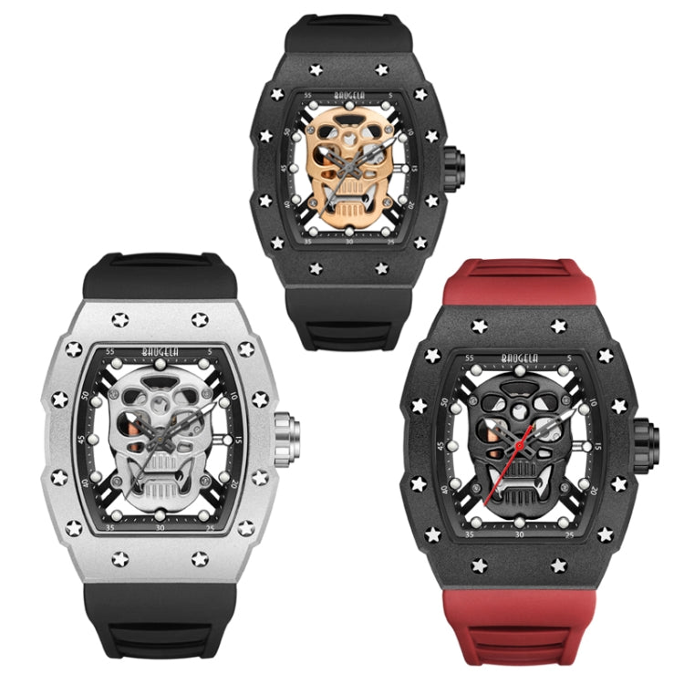 BAOGELA 224141 Hollow Skull Luminous Sports 304 Stainless Steel Silicone Men Watch(Steel Shell White Face Black Belt) - Silicone Strap Watches by BAOGELA | Online Shopping UK | buy2fix