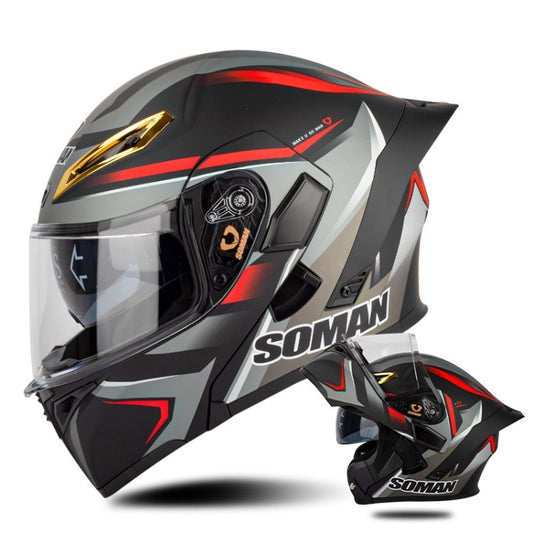 SOMAN Motorcycle Dual Lens Riding Peel-Off Full Coverage Helmet, Size: XXL(Red Gray Vision) - Helmets by SOMAN | Online Shopping UK | buy2fix