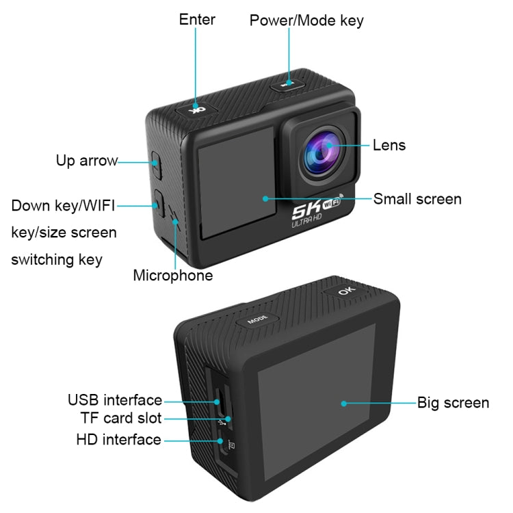 5K/30FPS WIFI HD Anti-Shake Remote Touch Dual-Screen IP68 Waterproof Sports Camera, Style: Camera + 64G Card - Other Camera by buy2fix | Online Shopping UK | buy2fix